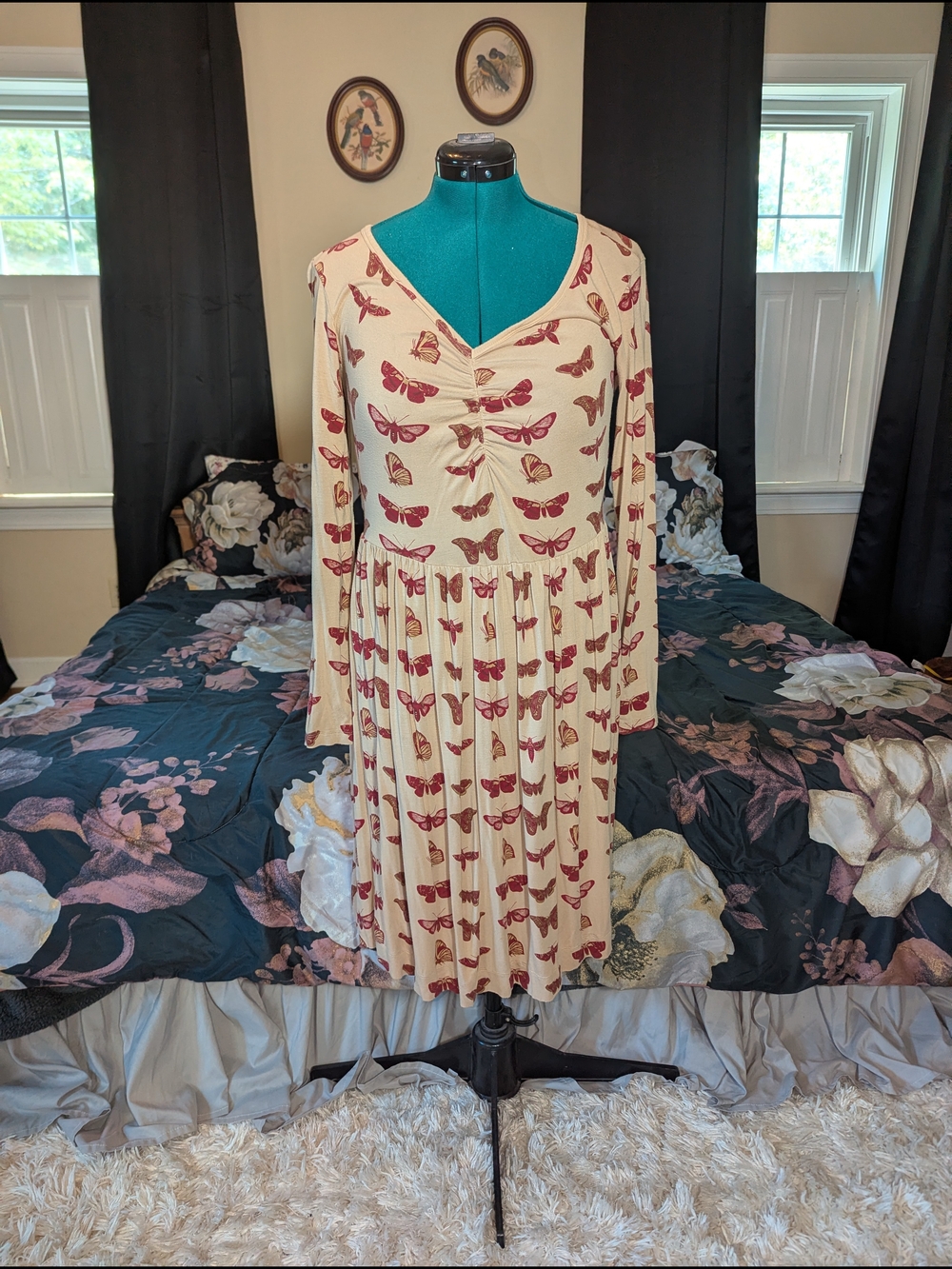 Kate Quinn Long Sleeve Dress with Red Butterfly/Moth Print